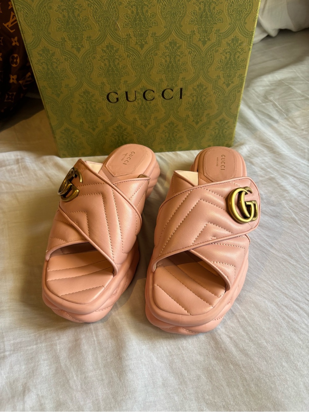 Gucci Pink Quilted GG Marmont Slide Clogs